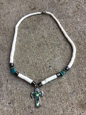 Handmade White Puka Beaded Necklace with Turquoise Accents and Cross Pendant